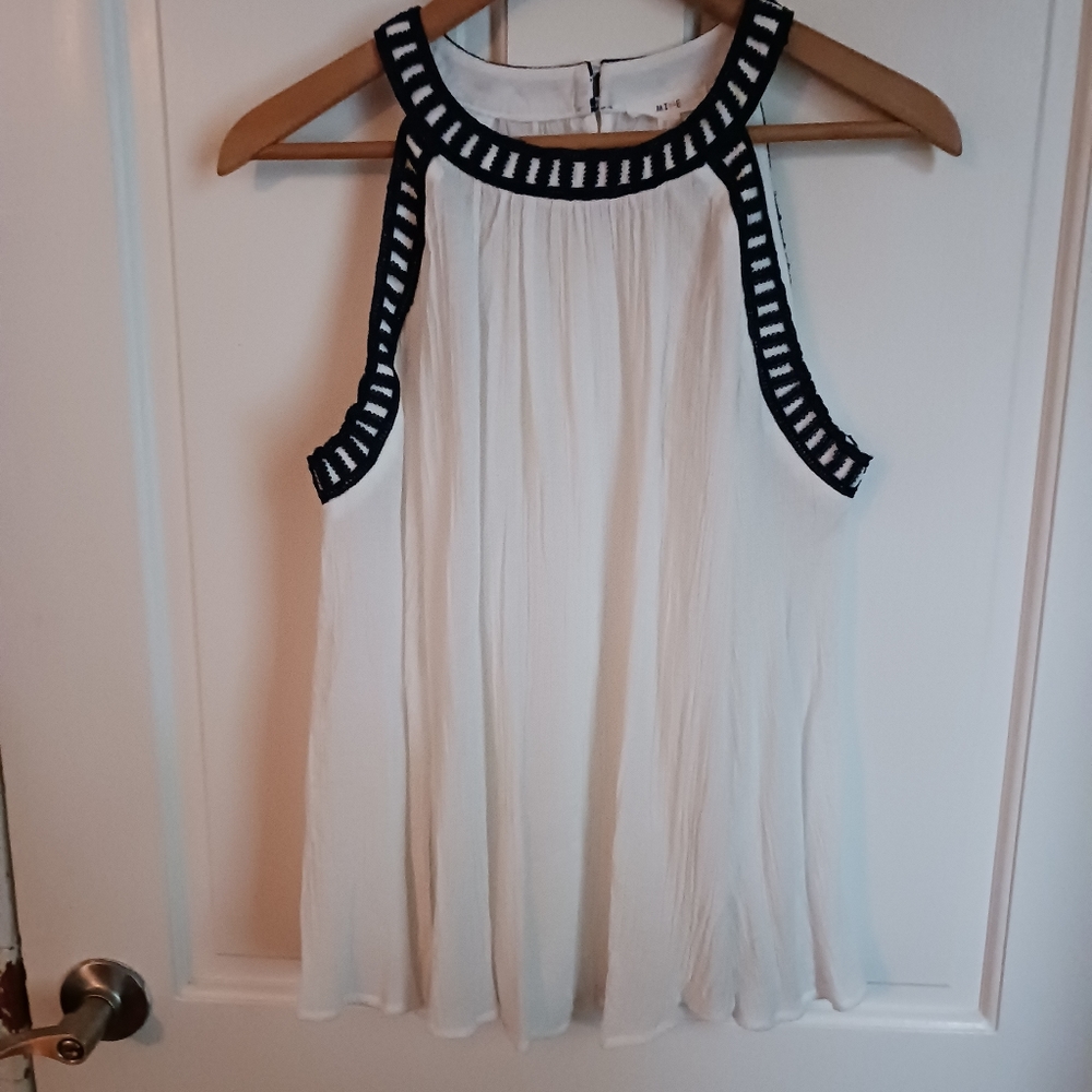 Mine Cutout shoulder blouse long sleeve size S white blue - Picture 4 of 13